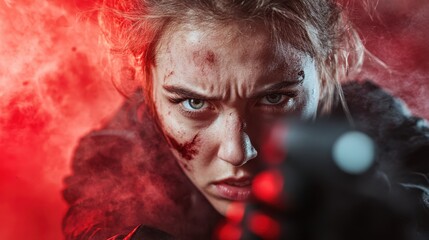 A battle-scarred woman holding a gun prepares to shoot, embodying resilience and strength while showcasing the emotional weight of her turbulent experience.