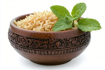 Poster - Brown Rice Delight with Fresh Mint in a Carved Wooden Bowl on a White Background