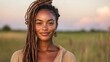 © familymedia - A joyful woman with dreadlocks smiles brightly against a natural outdoor backdrop, radiating warmth and positivity in a serene and inviting setting.