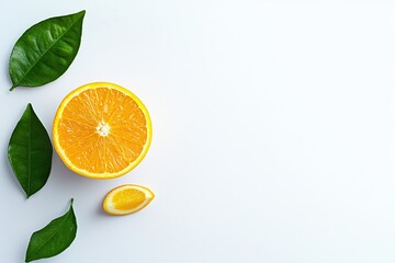 Aufkleber - Vibrant Orange Fruit Slice with Fresh Green Leaves on White Background for Healthy Lifestyle