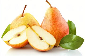 Aufkleber - Fresh pears with leaves against a white background creating a clean and inviting composition