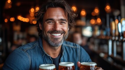 portrait of a happy man holding beer mugs in a pub oktoberfest