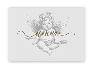 Wall Mural - Amor - wedding calligraphic sign with with cupid or baby angel.