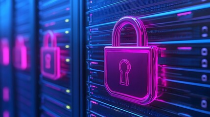 Poster - Colorful Digital Lock Icon on Server Rack with Futuristic Technology Background by Advanced Data Security Systems