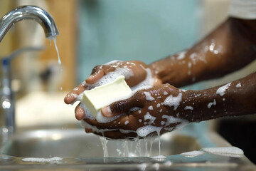 A man washes his hands with soap under running water