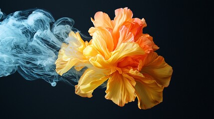 Canvas Print - Orange flower, blue smoke, dark background, artistic