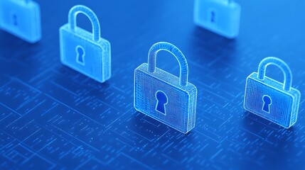Poster - Digital Concept of Security with Transparent Padlocks on Abstract Blue Background Representing Data Protection