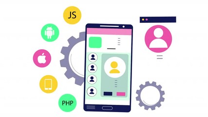 flat scene animation showing a mobile app development process, with developers coding, testing, and 