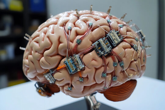 Futuristic brain design featuring circuit board elements merging technology with organic structure