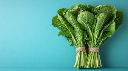 Wall Mural - Fresh green leafy vegetables tied with twine on blue background.