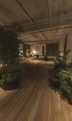 Wall Mural - Indoor plants in modern, spacious room with wood floor, ideal for workspace or relaxation