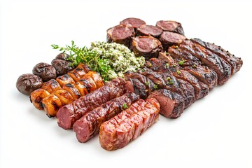 Wall Mural - Delicious assorted grilled meat platter with rice and herbs on a clean white background