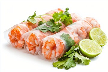 Wall Mural - Fresh Spring Rolls with Shrimp and Lime on White Background Asian Cuisine Healthy Diet