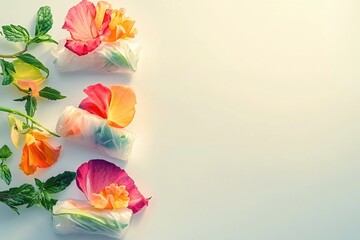 Wall Mural - Artistic floral spring rolls with colorful petals and fresh mint on a clean white backdrop