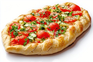 Wall Mural - Delicious tomato and cucumber tart with fresh parsley on a white background close up view