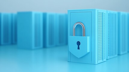 Poster - digital security concept featuring blue server cabinet with lock symbolizing data protection and saf