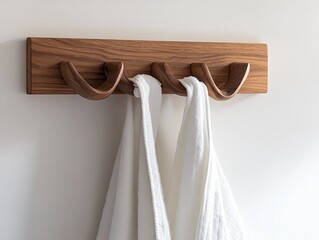 Elegant wooden coat rack with towels hanging in a bright clean room