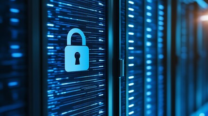Poster - digital security concept with lock icon on server background representing data protection and cybers