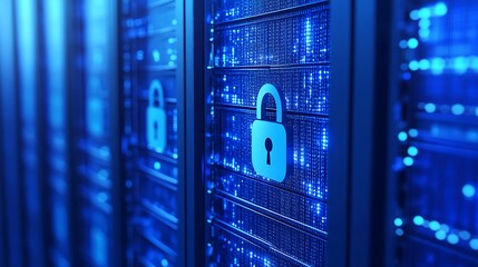 Poster - digital security concept with lock icon on server racks illuminated by blue light in data center env