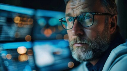 Poster - Professional man focused on data analysis in a modern control room with multiple screens