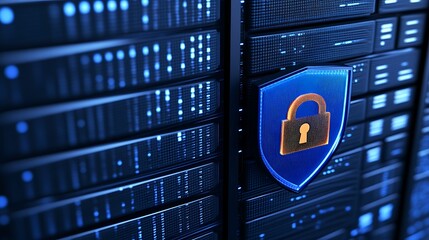 Poster - digital security concept with shield and padlock on data storage background in dark blue tones