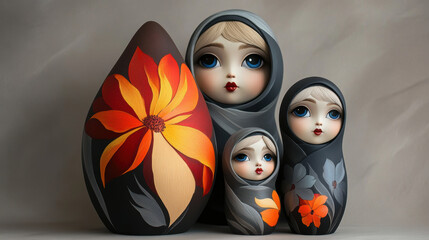 Russian nesting dolls with hand-painted floral patterns