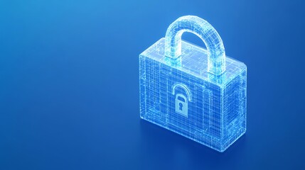 Poster - futuristic digital lock concept with blue background and wireframe design for cybersecurity and prot