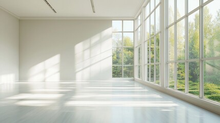 Aufkleber - Sunlight streams through expansive windows, illuminating a spacious interior with a clean, minimalist aesthetic. Lush greenery enhances the serene ambiance, inviting inspiration
