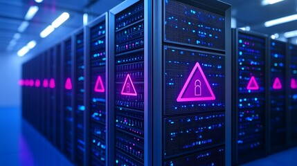 Poster - high-tech data center with pink warning sign for security and privacy in digital environment