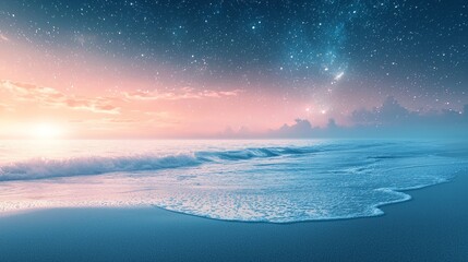 Poster - As the sun sets, pastel hues blend with a starry sky, creating a mesmerizing backdrop for gentle waves. The tranquil beach invites peace and contemplation in the golden hour light