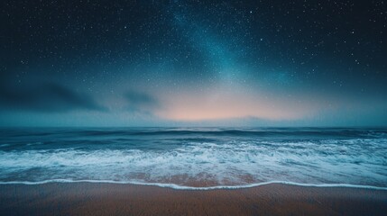 Poster - Under a celestial blanket, tranquil waves lap at the shore as the deep blue ocean merges with a starry sky at twilight, creating a serene atmosphere filled with wonder