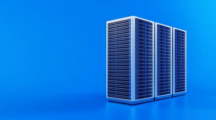 Poster - modern data center equipment with multiple server racks against vibrant blue background for technolo