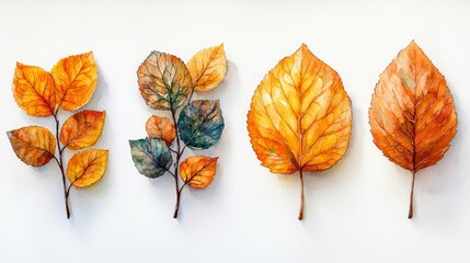 Wall Mural - Watercolor Autumn Leaves in Transition on White Backdrop