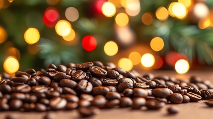 Poster - Roasted coffee beans with colorful festive bokeh lights in background