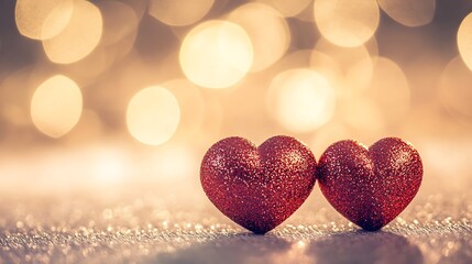 Poster - Two red glitter hearts with golden bokeh lights in the background