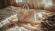 © Umi - White tote bag on bed with autumn leaves and blanket.