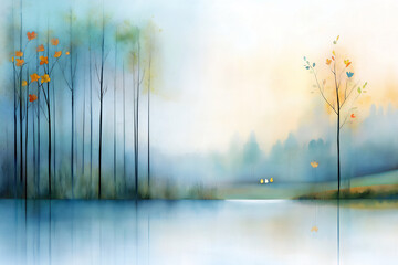 Wall Mural -  tranquil forest with a flowing river watercolor