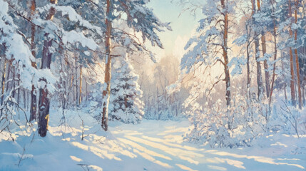 Wall Mural - Russian winter forest with snow-laden branches