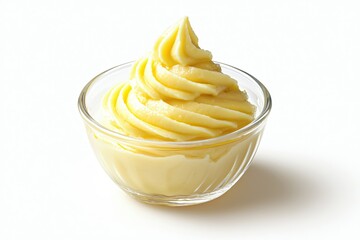Poster - Creamy yellow dessert swirls in a glass bowl on a white background for a sweet indulgence