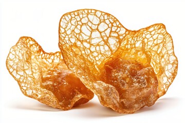 Poster - Delicate Honeycomb Candy Artistry on White Backdrop Capturing Sweetness and Intricate Texture