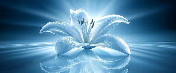 Canvas Print - Serene white lily, radiant blue background, peaceful reflection, website header