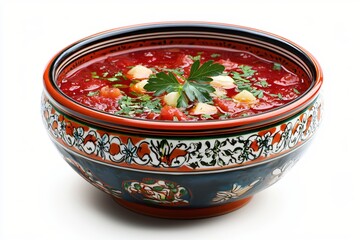 Vibrant borscht in a decorative bowl with fresh parsley and garlic cloves on white table