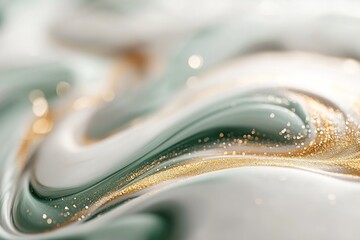 Poster - Swirling marbled texture features an enchanting mix of green, white, and gold, showcasing fluid movement and a soft-focus area ideal for adding text or graphics in elegant designs
