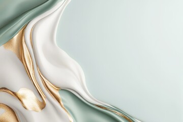 Poster - A marbled texture blends green, white, and gold in a luxurious, swirling style. The design evokes fluid movement, providing a soft-focus space to incorporate text or graphics elegantly