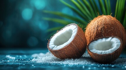 Wall Mural - Fresh coconuts and coconut flakes displayed on a blue surface with a tropical background highlighting the natural beauty of the fruit