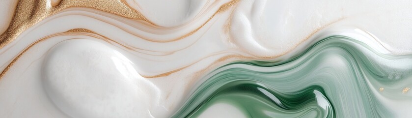 Poster - Fluid motion creates a mesmerizing marbled design in shades of green, white, and gold. This luxurious texture offers a soft-focus area ideal for adding personalized text overlays