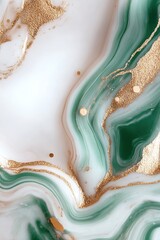 Wall Mural - Experience the elegance of a swirling marbled texture featuring rich green, white, and gold hues, creating a fluid movement effect perfect for stylish presentations or designs