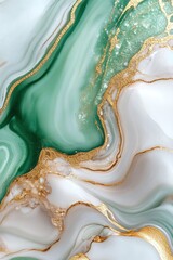 Poster - Captivating swirling marbled patterns in shades of green and white intermixed with golden highlights create a sense of elegance and fluidity, ideal for sophisticated designs or backgrounds