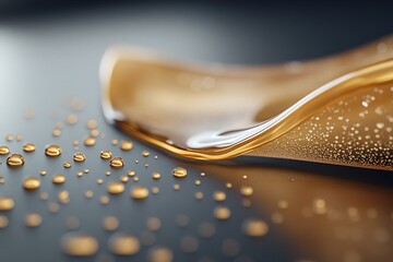 Poster - Close-up view of golden water droplets resting on a smooth glass surface, creating a stunning visual effect