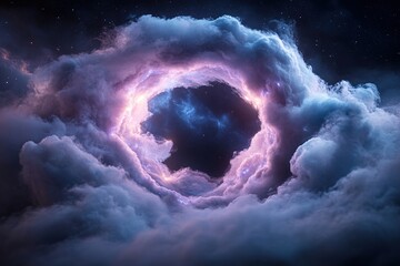 Poster - A mesmerizing swirl of blue and purple nebula clouds illuminated by soft light trails forms a stunning cosmic backdrop, highlighting a dark center ideal for bold text
